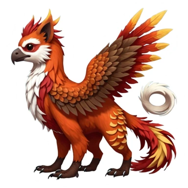4-legged realistic scaly winged long-big-beaked Gryphon-Griffin-Griffsnuff-Talonflame-Silvally-Braviary-Red-Panda-fusion-hybrid-animal-Fakémon-creature, full body, with a long thin tufted lion-tail sticker