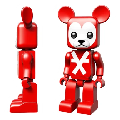 Lego bearbrick with X crosses for eyes, big ears, oversized boots, long limbs, exaggerated proportions, blocky Lego style sticker