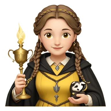 Helga Hufflepuff,the Hogwarts founder of Hufflepuff,brown-haired,2braids,yellow-black medieval dress with black cloak decorated with gold braiding,flickering magic wand and tiny two-handled shiny gold cup engraved with the badger silhouette,very kind smile,curvy busty sweet sticker