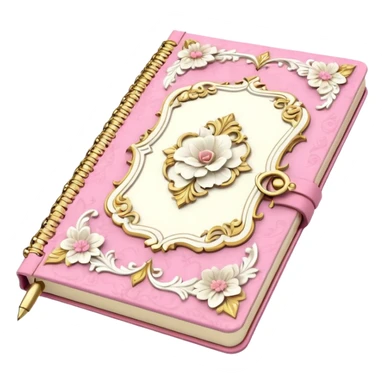Notebook rococo style, gold and pink and white. angled view. with pen sticker