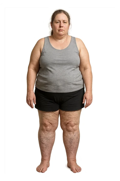 donna realistica leggermente in sovrappeso con vene visibili sulle gambe e gambe gonfie, iperrealistica 4k, IPERREALISTICA 4K sticker