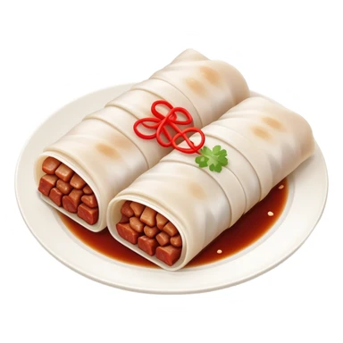 BBQ pork rice noodle roll Char Siu Cheung Fun with reddish meat filling, simplified emoji style with bold outlines and bright colors, cartoon style Guangdong breakfast favorite sticker