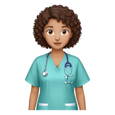 mulher com cabelo cacheado castanho escuro, pele marrom médio, olhos castanhos escuros, usando jaleco hospitalar, sem estetoscópio sticker