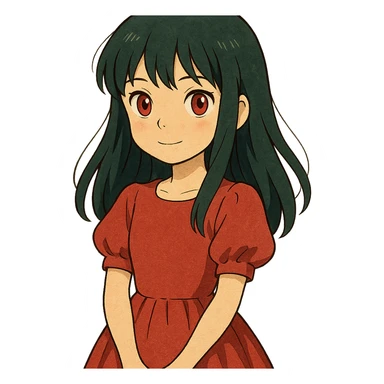 ghibli style girl with dark green hair, red eyes, and a red dress sticker