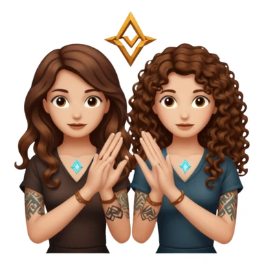 shared idea — long wavy brown hair tattooed woman and short tight curly brown hair woman — glowing rune between hands sticker