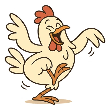 A chicken doing a silly dance, exaggerated pose, comical sticker