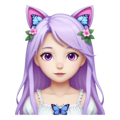 female anime character with pink eyes long white hair periwinkle highlights and cat ears on her head. She is wearing a white dress with purple flowers and butterfly. sticker