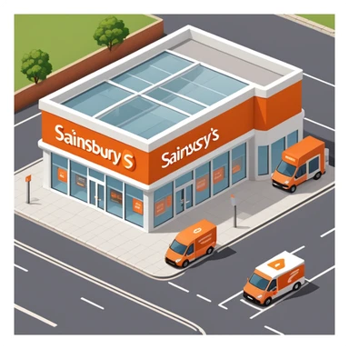 Isometric Sainsbury's store with distinctive orange logo, Argos section inside, self-checkout area visible through windows, and delivery vans sticker