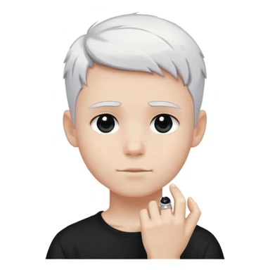 just a boy with TOTALLY WHITE SHORT HAIR (pure white like paper or snow, not gray, not blonde), wearing dark t-shirt, silver ring with black stone sticker