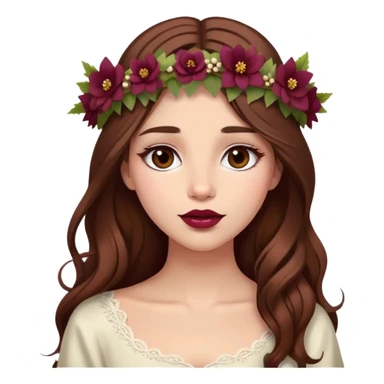 girl with long brown hair with flower crown, wine-colored lips sticker