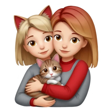 Une femme avec les cheveux dégradée, châtain et blond, qui fait un câlin à son chat gris, tigré avec des reflets roux sticker