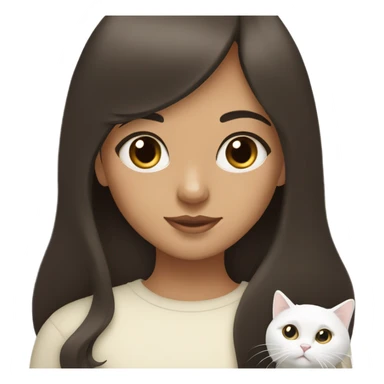 Dark brown haired girl with olive skin with straight bangs and long hair holding a white cat  sticker