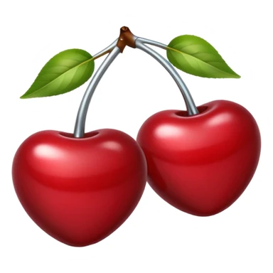 A pair of cherries emoji made of polished silver chrome, smooth rounded shapes, glossy metallic finish, soft highlights and reflections, cute proportions, iOS emoji style, centered, clean white background, no text sticker