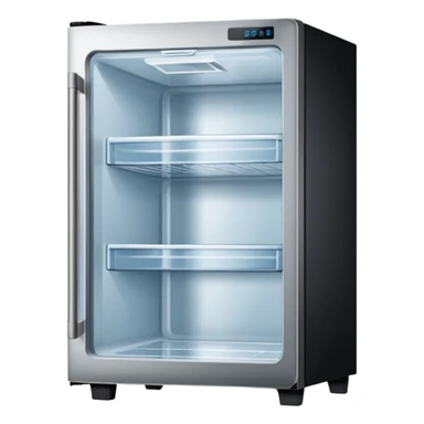 A refrigerator with a transparent front glass divided into three compartments, empty and unfilled. The refrigerator faces forward. It must be divided into three compartments and must have three drawers. sticker