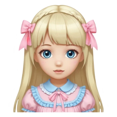 girl , who has straight hair blonde and baby bule swirled hair with bangs , grey eyes , and doll like makeup , in a light pink lolita hime gyaru dress  sticker
