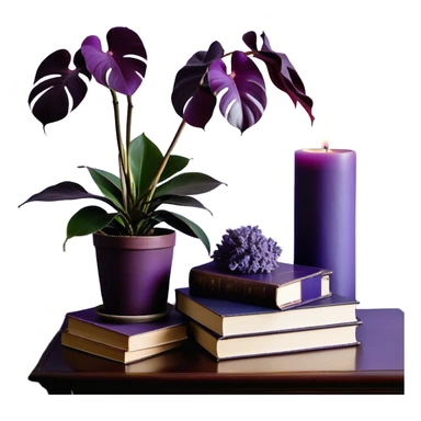 An elegant still life composition featuring a carefully arranged stack of books in shades of light and dark violet, their covers slightly worn, hinting at wisdom and time. A gracefully potted monstera plant with lavender-colored leaves extends its delicate, sculptural foliage, casting soft shadows. A glass candle holder in a rich purple orchid hue sits nearby, its surface reflecting ambient light. To complete the scene, a silky mauve ribbon drapes over the books, and a subtle lilac-hued ceramic vase holds a single dried flower, enhancing the refined and serene atmosphere. sticker