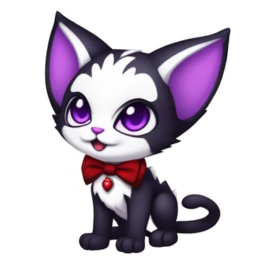 Cute-Evil-Vampiric-Batty-Cat-Black-Purple-Red-White-Contrast-Colors-Fantasy-Fur-Sona-Chibi-Shiny-Fakémon-Hybrid with horns and big fangs neck bow white tie leg spats full body sticker