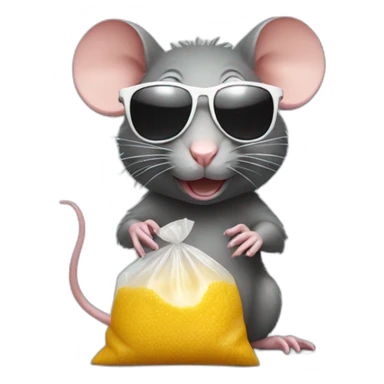 Rat wearing sunglasses with a small plastic bag of sugar sticker