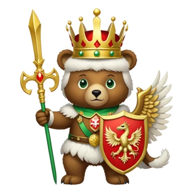 Endearing brown bear with bright green eyes, white fur hat with detailed Russian emblem: golden double-headed eagle with crowns, scepter, orb, and red shield with St. George slaying dragon, iOS emoji style sticker