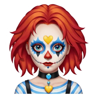 wendy thomas  the clown from gta rp nopixel she has a blue sun covering right eye with three yellow lines below her right eye and above her left eye this is her clown makeup . she has long bright red hair and light blue eyes with ablack heart choker and black bunny ears. with a skeleton shirt sticker