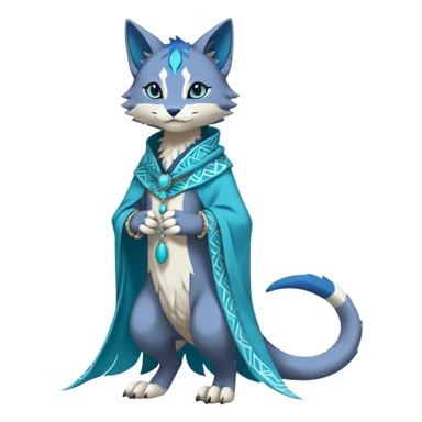Kawaii cute Indigo Turquoise Grey beautiful pretty elegant divine edgy feline-vernid-sergal-Fakémon-Pokémon-Digimon-fursona-animal-creature, full body, with intricate detailed markings, silken shawl, decorative anklets sticker
