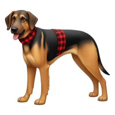 adult 75% Coonhound 25% German Shepherd mix dog with visible tail wearing small pointed red buffalo plaid bandana full body walking left quickly sticker