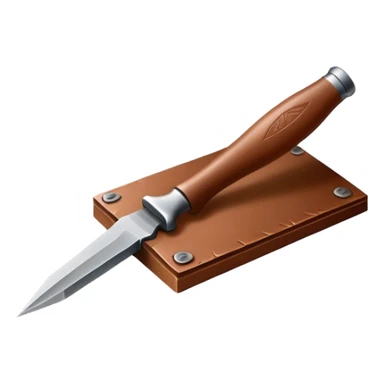 Leatherworking icon, piece of raw leather with started engraving, engraving tool or chisel, stamp or press, textured surface, minimalistic style, clean lines, transparent background. sticker