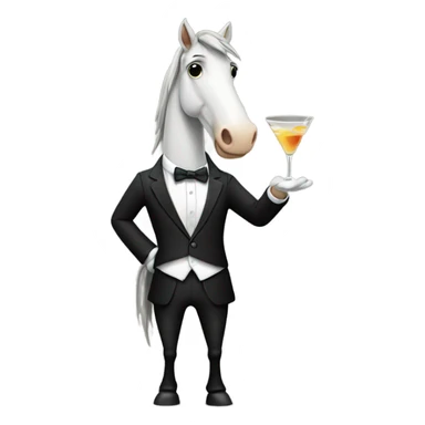 Horse wearing a suit and tie with a martini sticker