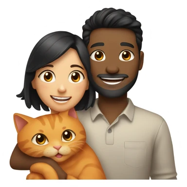 a happy light-brown woman with black hair and a happy brown man with brown hair in white long sleeve are family and holding an orange cat sticker
