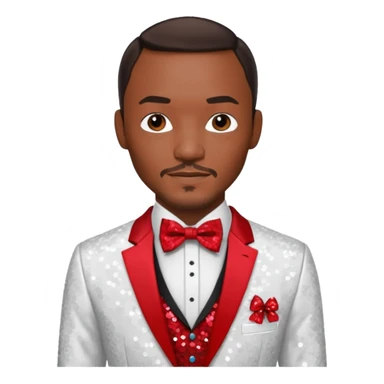 Anthony Mackie with dark brown hair, red shirt, white sequin suit jacket with bow tie sticker