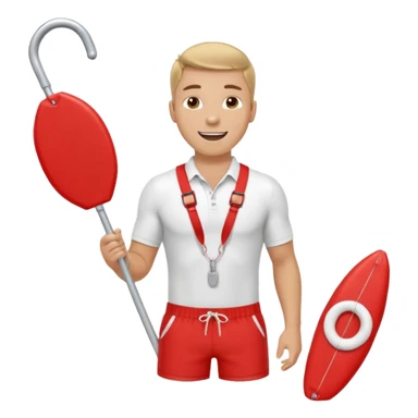 Male lifeguard – red shorts, whistle around neck, holding rescue float. sticker