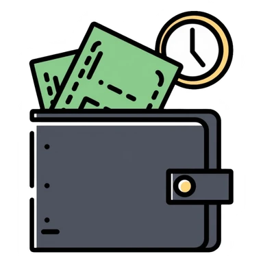 black wallet with dollars inside and a small clock in top right corner positioned above the wallet sticker