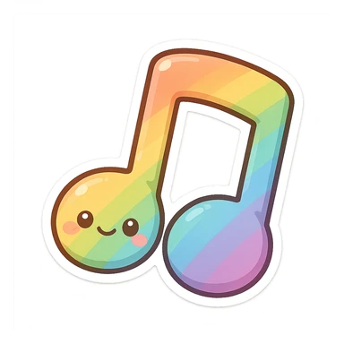 chibi sticker-style rainbow musical note, cute and exaggerated sticker