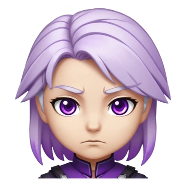 Chibi Sable Ward with intense focus expression, slightly furrowed brows, concentrated stare, white hair with purple streaks, fully purple eyes, determined look sticker