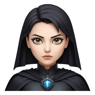 dark sci-fi villain female portrait, head and shoulders only, black armor, cape collar, intense eyes, sharp confident expression, subtle futuristic makeup, dramatic lighting, 3D cartoon, mobile game icon style, clean background, no text, no watermark
 sticker