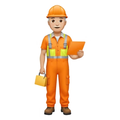 older engineer hi-vis orange overalls full body holding a card sticker