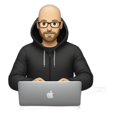 bald white man with glasses and a black beard typing on apple computer wearing a black hoodie sticker