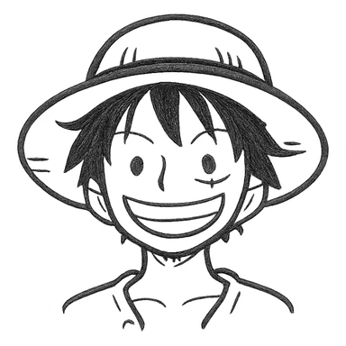 Luffy from One Piece as a hand-drawn outlined icon, sketchy lines, minimal details, focus on straw hat and smile sticker