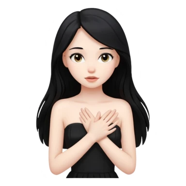 Pale girl with long black hair and black strapless dress with hands over her heart sticker