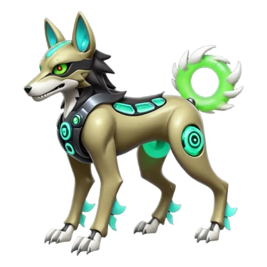 Hyper realistic skeletal black and neon green futuristic shiny colorful mechanical bioluminescent cyber-Cyborg-Poochyena-Lycanroc-Zorua-Litten-Houndoom-Fakémon-Pokémon-Digimon-hybrid-fusion (full body) with a skull face sticker