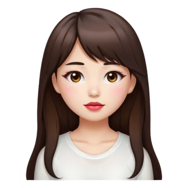 “japanese style Emoji brunette girl long hair with side bangs white top, dewy skin, heavy blush across cheeks and nose bridge, glossy cherry lips, soft eyeliner, teary sparkling eyes sticker
