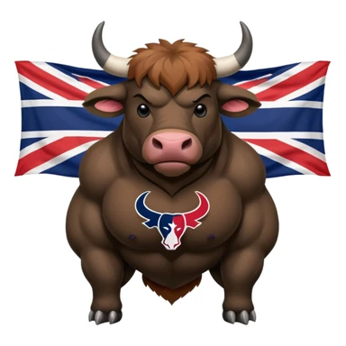 Houston texans black bull, wearing a texans jersey, with a union jack flag behing sticker