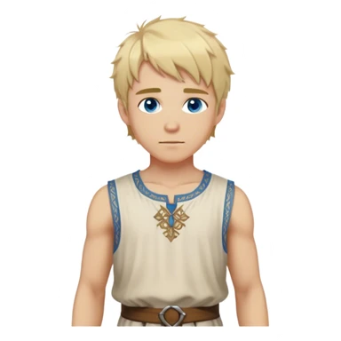 medieval summer outfit worn by a DnD themed fantasy character. basic lightweight sleeveless tunic with a decorative trim along the edges. clothes only above the waist. The clothes full waist. The character's haven't arms. character is blonde hair, blue eyes, short messy hair, white-skinned man. sticker