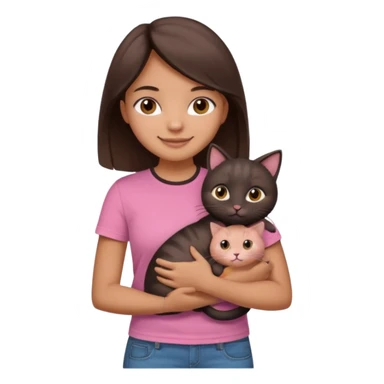 As una chica con piel marron claro con el pelo  medio largo color marron oscuro que tenga la chica una camiseta rosada mangas cortas con un jean claro que tenga ojos marrones la chica que la chica este sonriendo mientras sostiene entre sus brazos un gato negro gordito. sticker