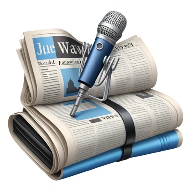 An icon featuring a microphone, a newspaper, and a camera, representing journalism and mass media. The design includes soundwaves and headlines, symbolizing the spread of information and news. Transparent background highlights the power of communication and media. sticker