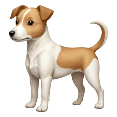 a full body facing front on of a buff white beagle cross jack russell terrier looking dog the size of a kelpie with light brown long ears resting on its face and a light brown patch above one eye and a large snout. the rest of the dog is completely white.  sticker