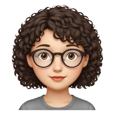 Koyu renk, dağınık kıvırcık saçlı, kısa kahküllü, yuvarlak gözlüklü ve büyük kahverengi gözlü bir genç kadının yüzünü gösteren emoji tarzı illüstrasyon. Hafif bir gülümseme veya tatlı bir sırıtış ifadesi var. Cilt tonu açık. sticker