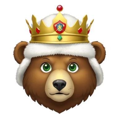 Brown bear head only with green eyes, white furry ushanka hat with accurate Russian Federation emblem featuring golden eagle, three crowns, scepter, orb, and red shield with St. George, iOS emoji style sticker