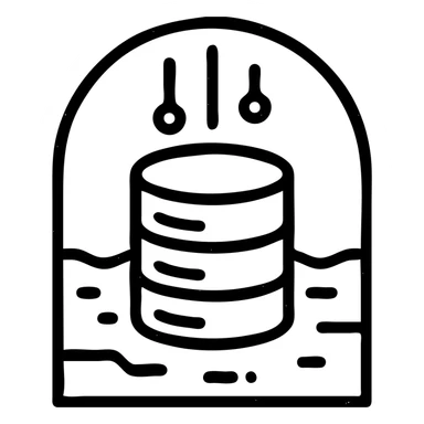 outlined icon of stacked database cylinders in a basement or underground setting with abstract data streams, worn and distressed effect, detailed icon sticker