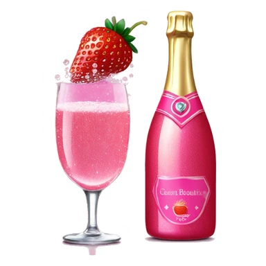 Realistic sparkling diamond glam hot pink champagne bottle with hot pink champagne in glass with strawberry ì> sticker